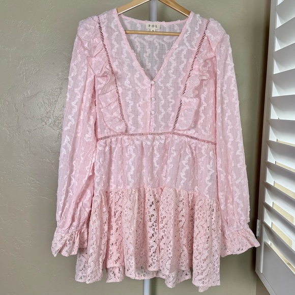 POL Tops - POL Pink Lace V-Neck Ruffle Babydoll Tunic